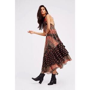 Free People Sz Small “Painted Flowers” Midi Dress Halter Paisley Asymmetric Boho